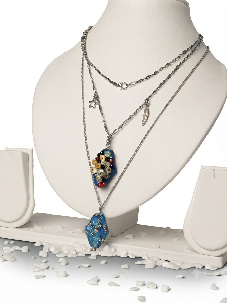 Handmade Bohemian Multi-Layered Silver-Toned Necklace with Stone Pendants