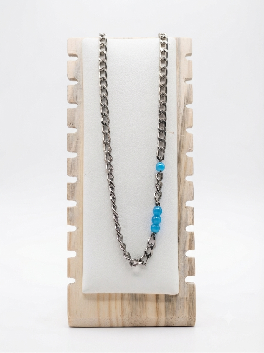 Handmade Edgy Silver-Toned Chain Necklace with Blue Beads