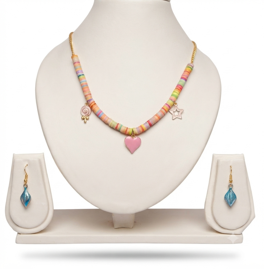 Handmade Vibrant Multi-Color Heishi Beads Necklace and Earring Set
