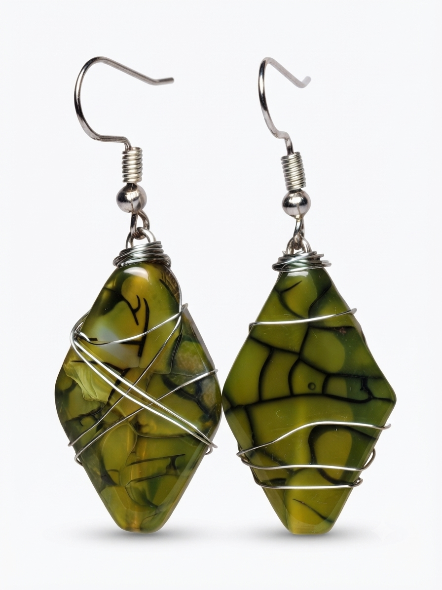 Handmade Silver-Toned Olive Green Cracked Stone Dangle Earrings