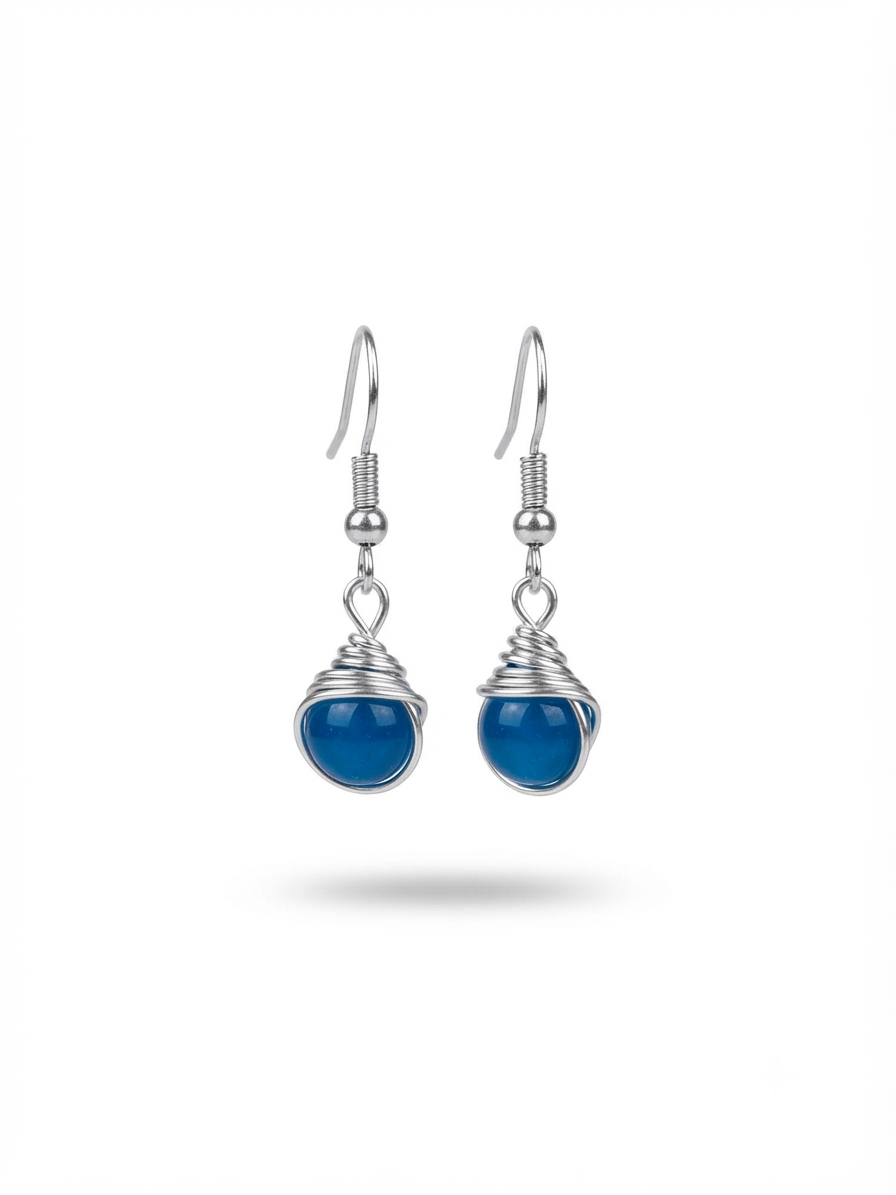 Handmade Silver-Toned Sky Blue Wire-Wrapped Bead Dangle Earrings