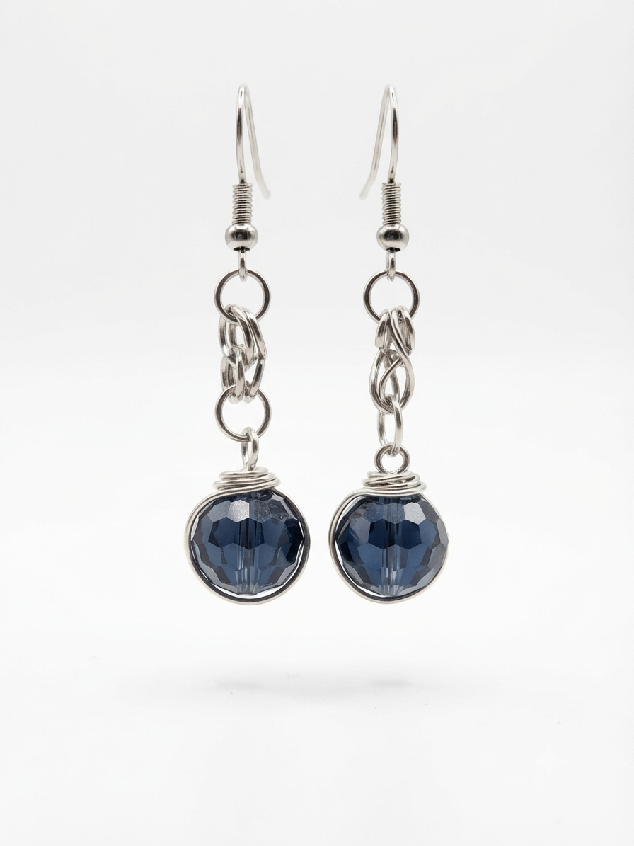 Silver-Toned Blue Faceted Crystal Dangle Earrings
