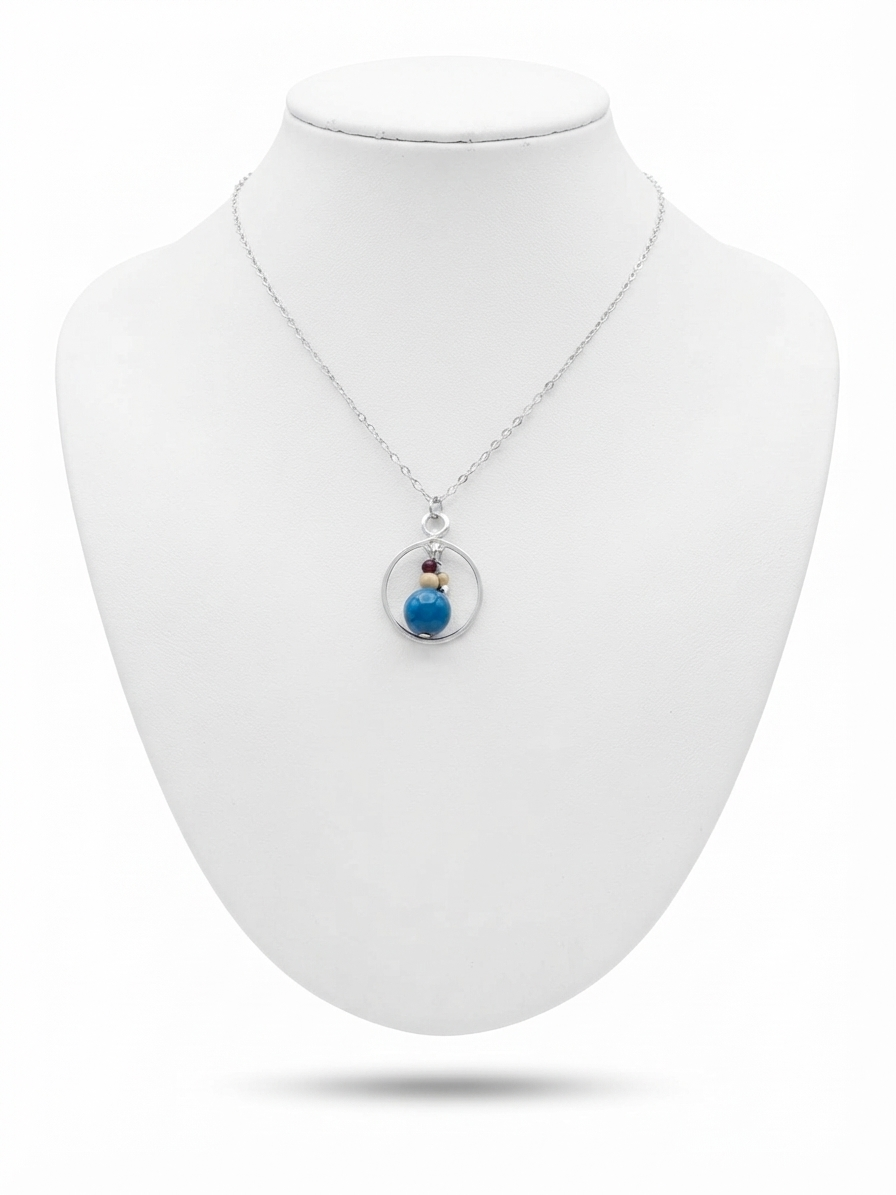 Silver-Toned Blue Beaded Circle Pendant Necklace