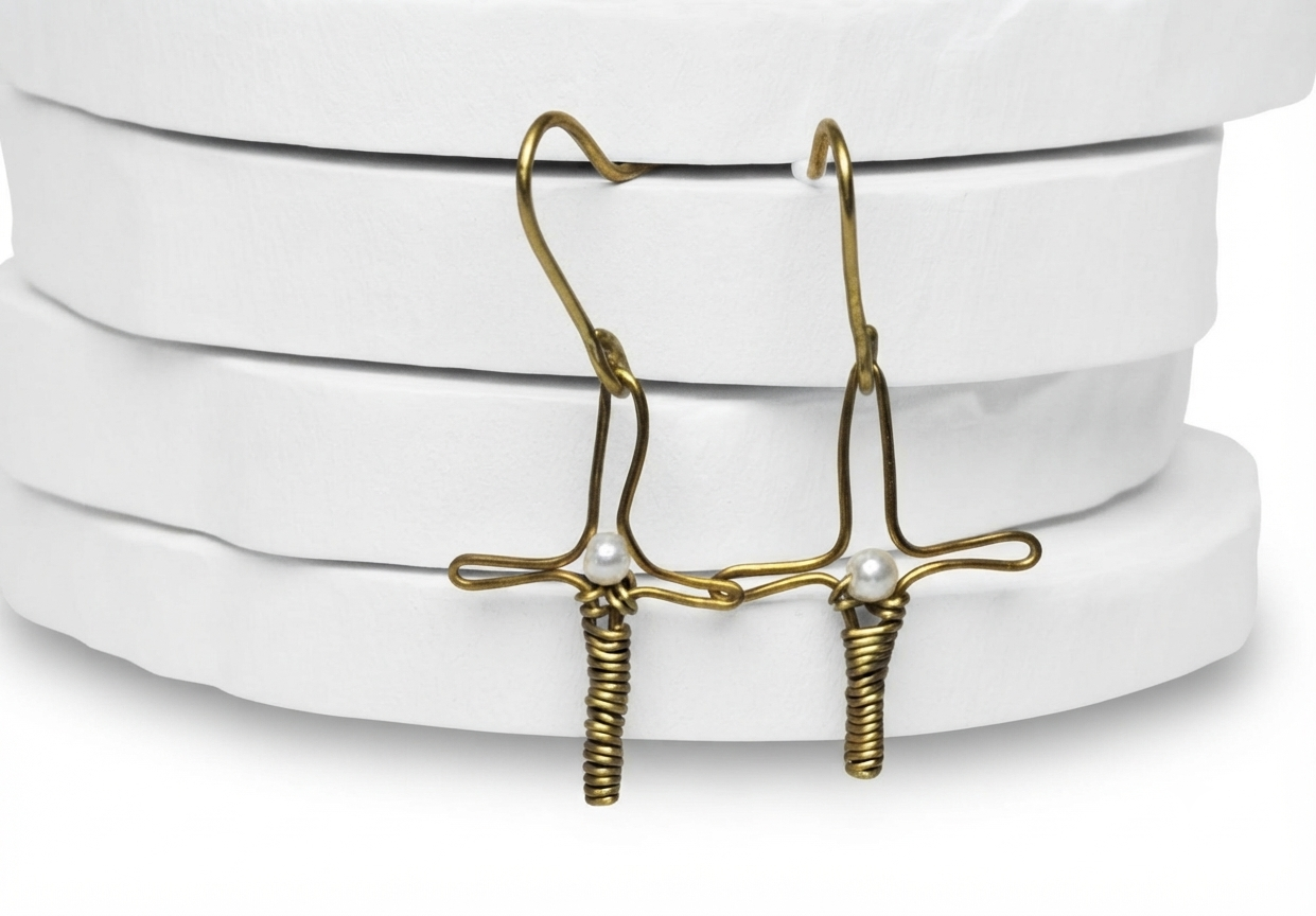 Handmade Golden-Toned Wire-Wrapped Cross Earrings