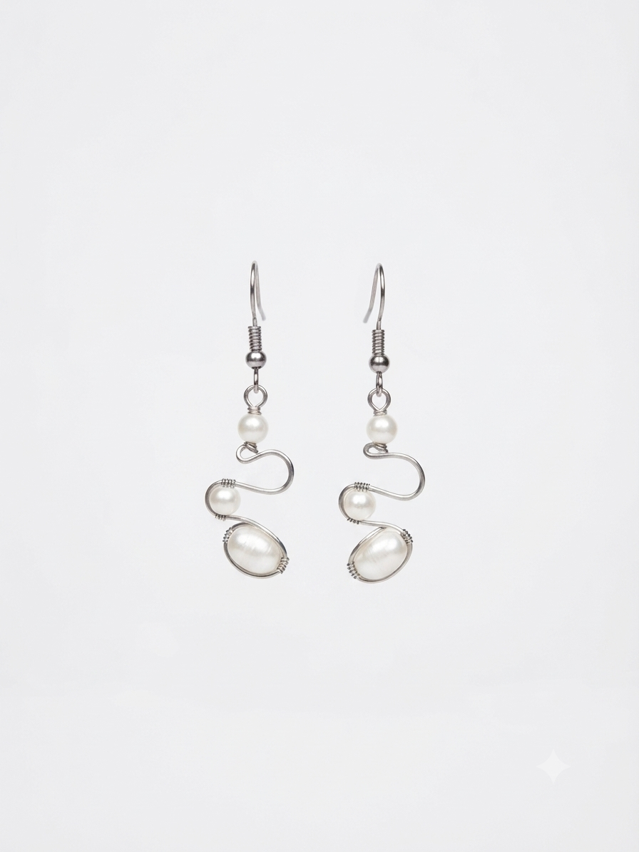 Handmade Silver-Toned S-Curve Pearl Earrings