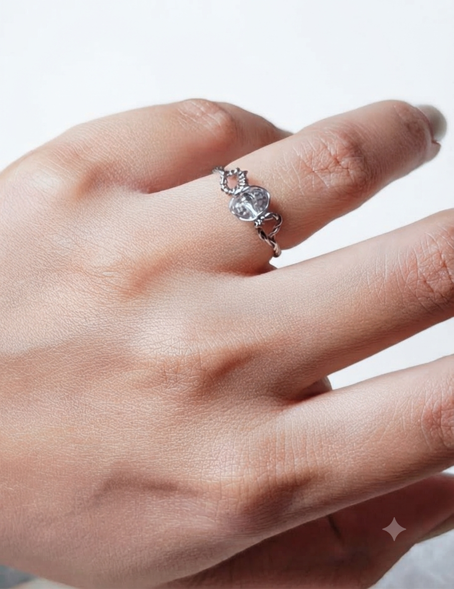 Handmade Silver-Toned Wire-Wrapped Crystal Ring