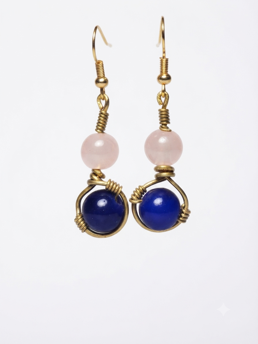 Handmade Gold-Wired Pink & Blue Stone Dangle Earrings
