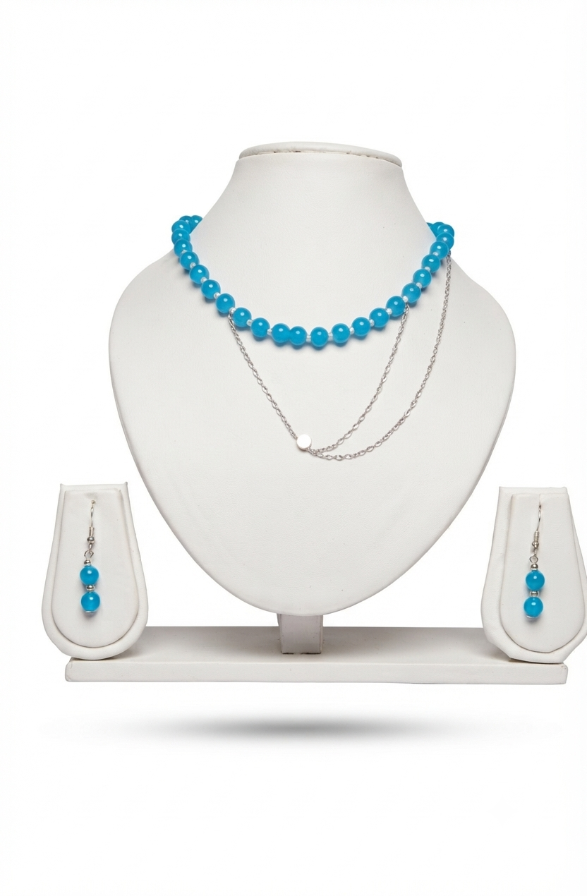 Handmade Anti-Tarnish Blue Bead Layered Necklace & Earrings Set