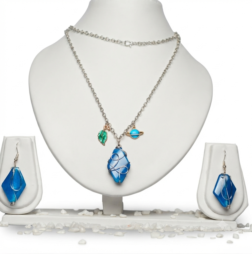 Handmade Anti-Tarnish Blue Stone Necklace & Earrings Set